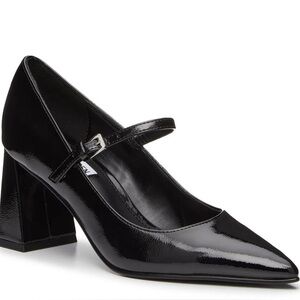 STEVE MADDEN Arlee Black Patent Leather Pointed Toe Pumps Heels Mary Jane Block